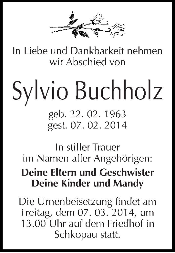  Traueranzeige für Sylvio Buchholz vom 22.02.2014 aus Mitteldeutsche Zeitung Halle/Saalkreis