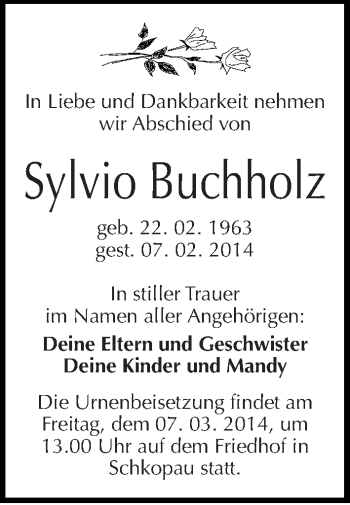 Traueranzeige von Sylvio Buchholz von Mitteldeutsche Zeitung Halle/Saalkreis
