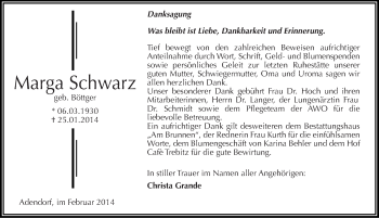 Traueranzeige von Marga Schwarz von Mitteldeutsche Zeitung Mansfelder Land