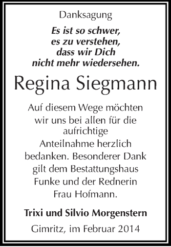Traueranzeige von Regina Siegmann von Mitteldeutsche Zeitung Halle/Saalkreis