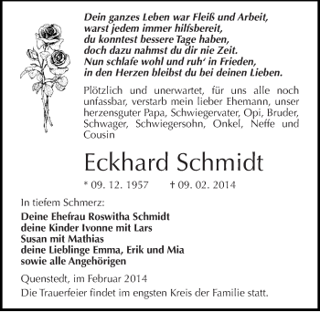 Traueranzeige von Eckhard Schmidt von Mitteldeutsche Zeitung Mansfelder Land
