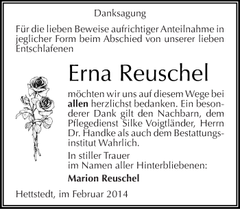 Traueranzeige von Erna Reuschel von Mitteldeutsche Zeitung Mansfelder Land