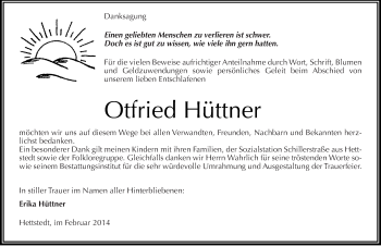Traueranzeige von Otfried Hüttner von Mitteldeutsche Zeitung Mansfelder Land