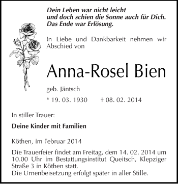 Traueranzeige von Anna-Rosel Bien von Mitteldeutsche Zeitung Köthen