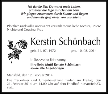 Traueranzeige von Kerstin Schönbach von Mitteldeutsche Zeitung Mansfelder Land