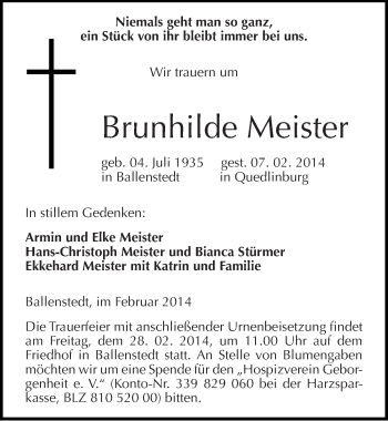 Traueranzeige von Brunhilde Meister von Mitteldeutsche Zeitung