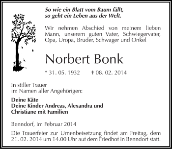 Traueranzeige von Norbert Bonk von Mitteldeutsche Zeitung Mansfelder Land