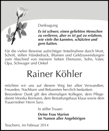 Traueranzeige von Rainer Köhler von Mitteldeutsche Zeitung Weißenfels