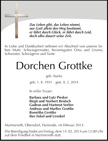 Traueranzeige von Dorchen Grottke von Mitteldeutsche Zeitung Sangerhausen