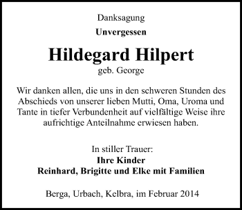 Traueranzeige von Hildegard Hilpert von Mitteldeutsche Zeitung Sangerhausen
