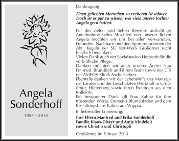 Traueranzeige von Angela Sonderhoff von Mitteldeutsche Zeitung Mansfelder Land