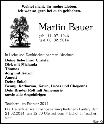 Traueranzeige von Martin Bauer von Mitteldeutsche Zeitung Weißenfels