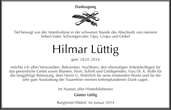 Traueranzeige von Hilmar Lüttig von Mitteldeutsche Zeitung Mansfelder Land