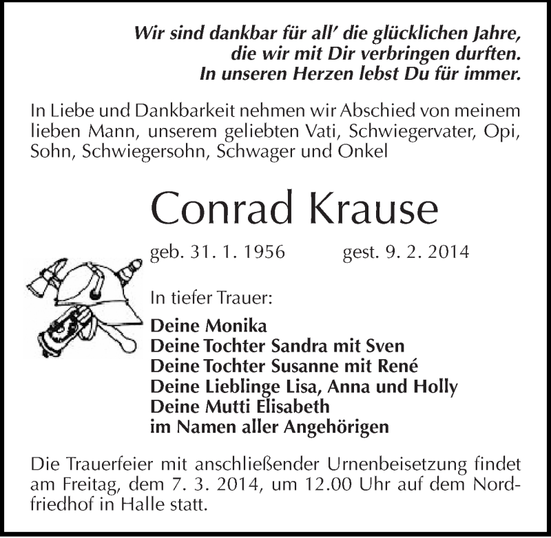 Traueranzeige für Conrad Krause vom 15.02.2014 aus Mitteldeutsche Zeitung Halle/Saalkreis