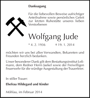 Traueranzeige von Wolfgang Jude von Mitteldeutsche Zeitung Wittenberg