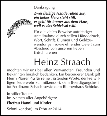 Traueranzeige von Heinz Straach von Mitteldeutsche Zeitung Wittenberg
