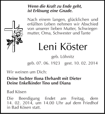 Traueranzeige von Leni Köster von Mitteldeutsche Zeitung Naumburg/Nebra