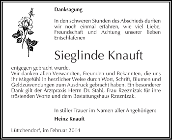 Traueranzeige von Sieglinde Knauft von Mitteldeutsche Zeitung Mansfelder Land