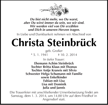 Traueranzeige von Christa Steinbrück von Mitteldeutsche Zeitung Halle/Saalkreis