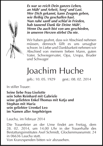 Traueranzeige von Joachim Huche von Mitteldeutsche Zeitung Naumburg/Nebra