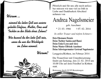 Traueranzeige von Andrea Nagelsmeier von Mitteldeutsche Zeitung Köthen