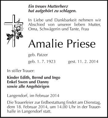 Traueranzeige von Amalie Priese von Mitteldeutsche Zeitung Weißenfels