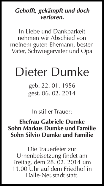 Traueranzeige von Dieter Dumke von Mitteldeutsche Zeitung Halle/Saalkreis