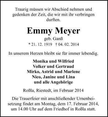Traueranzeige von Emmy Meyer von Mitteldeutsche Zeitung Sangerhausen