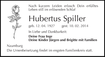Traueranzeige von Hubertus Spiller von Mitteldeutsche Zeitung Naumburg/Nebra