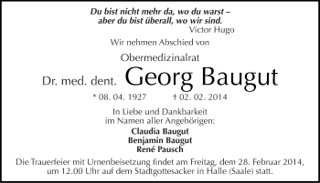 Traueranzeige von Georg Baugut von Mitteldeutsche Zeitung Halle/Saalkreis