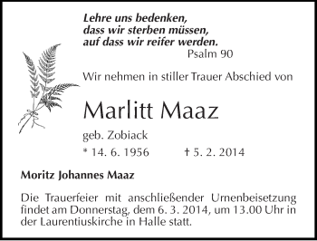 Traueranzeige von Marlitt Maaz von Mitteldeutsche Zeitung Halle/Saalkreis