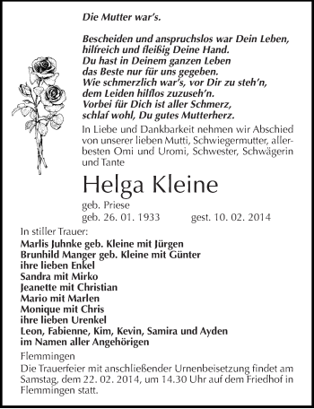 Traueranzeige von Helga Kleine von Mitteldeutsche Zeitung Naumburg/Nebra