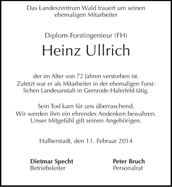 Traueranzeige von Heinz Ullrich von Mitteldeutsche Zeitung Quedlinburg