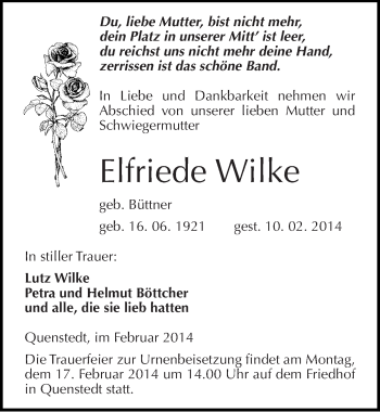 Traueranzeige von Elfriede Wilke von Mitteldeutsche Zeitung Mansfelder Land