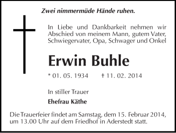 Traueranzeige von Erwin Buhle von Mitteldeutsche Zeitung Bernburg