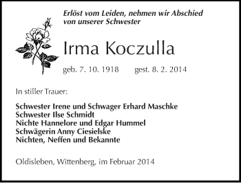Traueranzeige von Irma Koczulla von Mitteldeutsche Zeitung Wittenberg