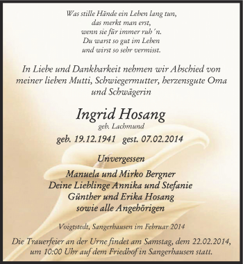 Traueranzeige von Ingrid Hosang von Mitteldeutsche Zeitung Sangerhausen