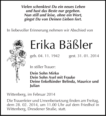 Traueranzeige von Erika Bäßler von Mitteldeutsche Zeitung Wittenberg