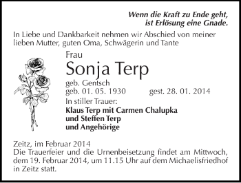 Traueranzeige von Sonja Terp von Mitteldeutsche Zeitung Zeitz