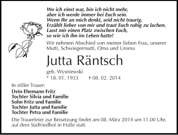 Traueranzeige von Jutta Räntsch von Mitteldeutsche Zeitung Halle/Saalkreis