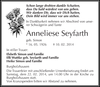 Traueranzeige von Anneliese Seyfarth von Mitteldeutsche Zeitung Naumburg/Nebra