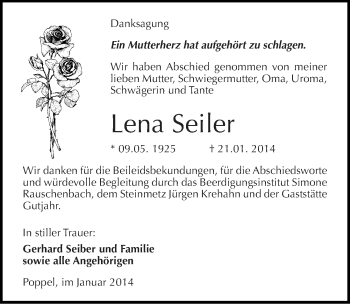 Traueranzeige von Lena Seiler von Mitteldeutsche Zeitung Naumburg/Nebra