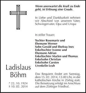 Traueranzeige von Ladislaus Böhm von Mitteldeutsche Zeitung Bitterfeld