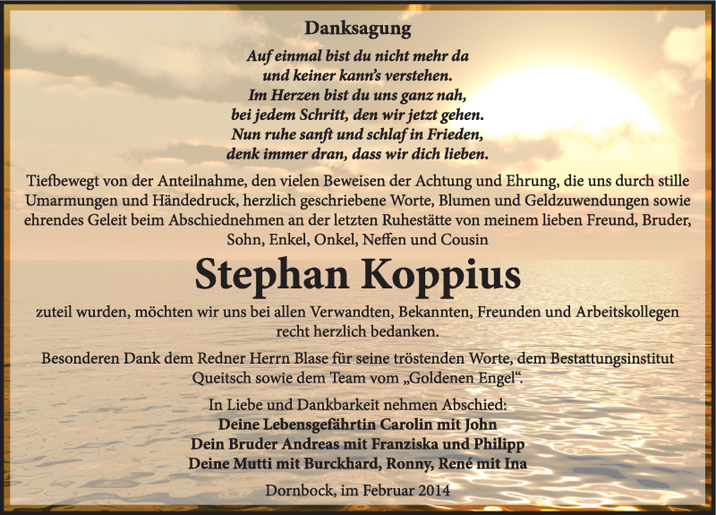  Traueranzeige für Stephan Koppius vom 15.02.2014 aus Mitteldeutsche Zeitung Köthen
