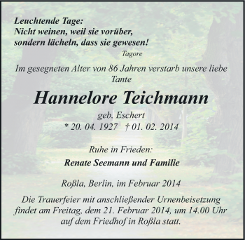 Traueranzeige von Hannelore Teichmann von Mitteldeutsche Zeitung Sangerhausen