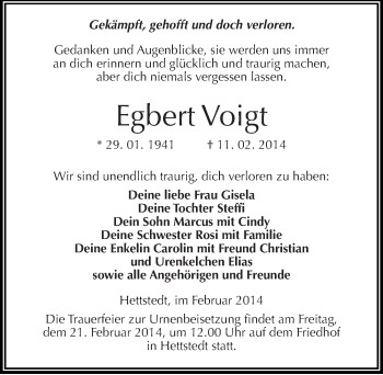 Traueranzeige von Egbert Voigt von Mitteldeutsche Zeitung Mansfelder Land