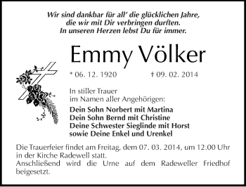 Traueranzeige von Emmy Völker von Mitteldeutsche Zeitung Halle/Saalkreis