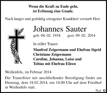 Traueranzeige von Johannes Sauter von Mitteldeutsche Zeitung Weißenfels
