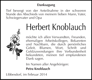 Traueranzeige von Herbert Knoblauch von Mitteldeutsche Zeitung Köthen