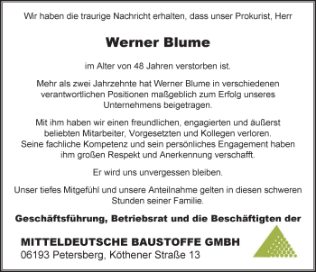 Traueranzeige von Werner Blume von Mitteldeutsche Zeitung